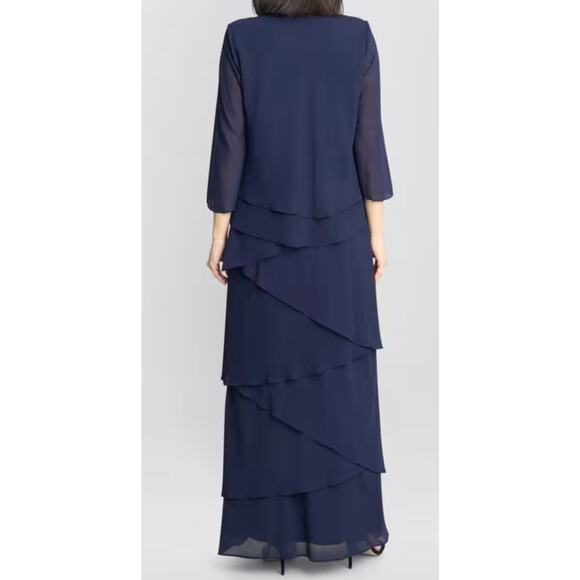 Frascara Elephant Trunk Tea Length Gown Wover Navy With Jacket Dress Size 12 NWT - Picture 1 of 11